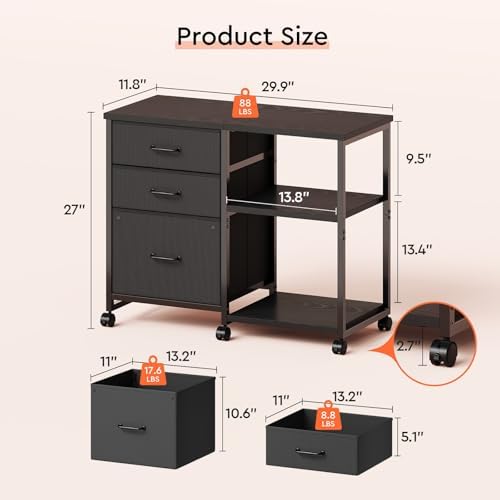 Maihail 3 Drawer File Cabinet with Wheels with Open Storage Shelf, Black