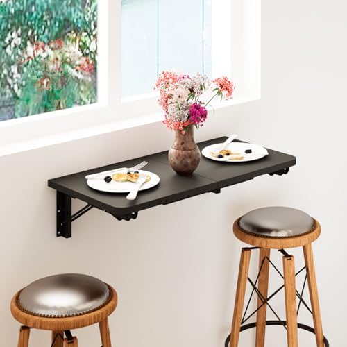 TEAMIX Wall Mounted Folding Table, Black Floating Desk for Small Spaces