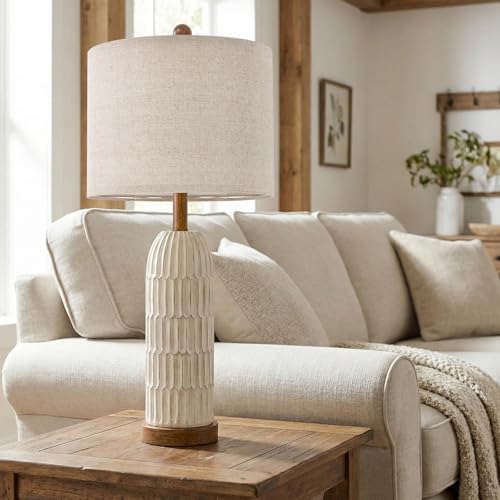 OYEARS 26.5" Bedside Table Lamps Set of 2, Farmhouse Table Lamp with USB A+C Charging Ports,Vintage Nightstand Lamp for Bedrooms and Living Rooms, Retro Resin End Table Lamp with Linen Shade, Brown