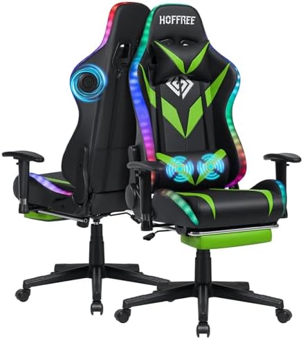 Led Gaming Chair with Speakers Massage 165° Reclining Computer Chairs-Green