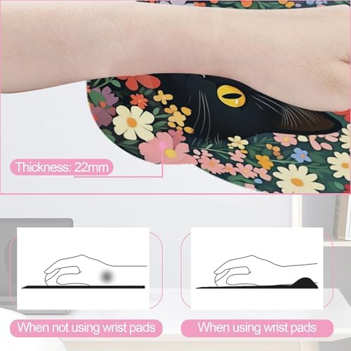 Cute Black Cat Flower Mouse Pad with Wrist Rest Set, 3-in-1 Wrist Support Mousepad Set, Gaming Mat Pad with Anti-Skid Base,Ergonomic Memory Foam Mouse Pad Set for Women, Office, Typing, Gaming