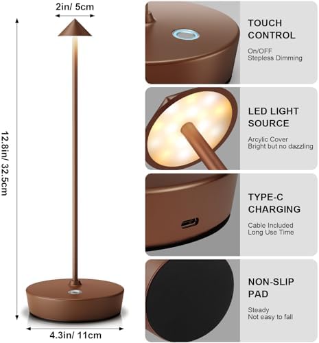 2Pack Rechargeable Cordless Table Lamp, Portable Powered LED Battery 6000mAh Metal USB Desk Lamp, 3 Levels Brightness Light for Restaurants Outdoor (2pack Coffee)