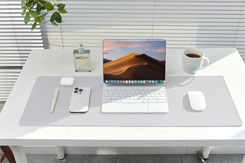 ALOANES Silvery Waterproof Desk Mat, Large Mouse Pad with Extended Mouse Mat, with Anti Slip Base, Stitched Edge, Grain Jacquard Surface, Perfect for Gamer, Office & Home, 11.81''x31.50''x0.12''
