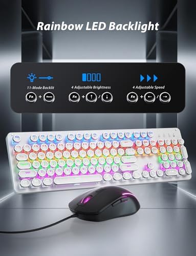 Typewriter Mechanical Gaming Keyboard and Mouse, Metal Panel Retro Keyboards with Round Keycap Blue Switch, Rainbow LED Backlit 104-Key Anti-Ghost Wired Mouse and Pad Combo for PC Laptop Mac Gamer