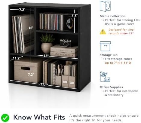 Homes: Inside + Out Apexa 4-Vertical Storage Organizer Shelves, Stackable Wood Bookcase for Organization, Dorm Teen Room Decor & Home Office, Black