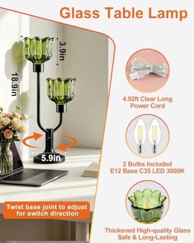 Lightdot Green Glass Table Lamp Dimmable Vintage Black Flower Lamp Gift