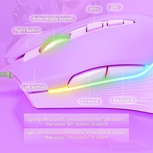 RGB Gaming Mouse Wired, 6400 DPI & 7 Buttons, Lilac