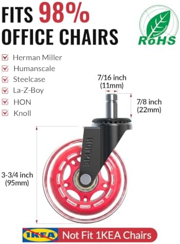 HOLKIE Gaming Chair Wheels Red Roller Blade Rubber Caster 3 Inch Set of 5 for Carpet Hardwood Floors
