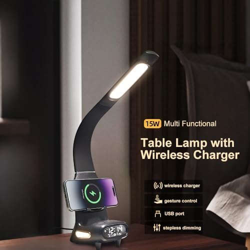 IHAO Multi Functional Smart Eye-Care Desk Lamp Wireless Charger & Digital Alarm Clock Gesture Control Adjustable Light 15W Fast Charging Hidden Phone Stand, Date Timer Display Wake-Up Light-TX79 Black
