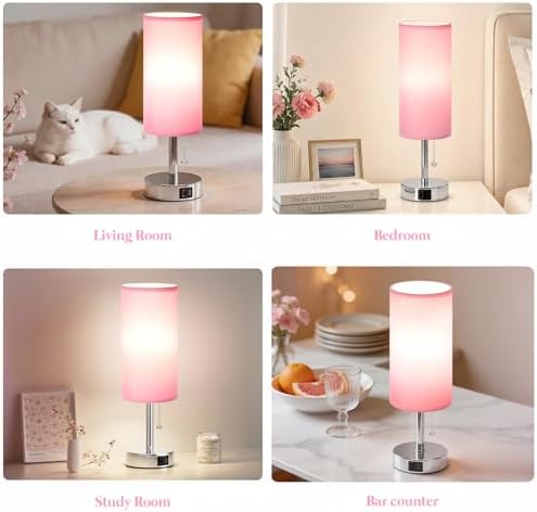 Pink Bedside Table Lamp for Bedroom - Small Nightstand Lamp for Girls