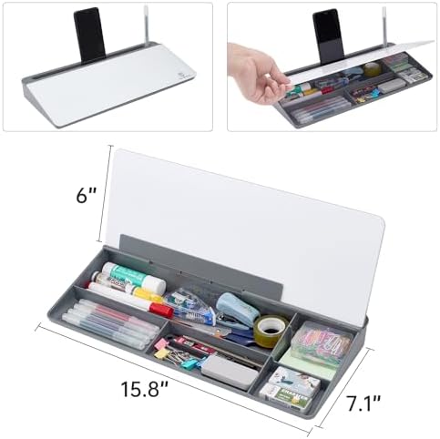 Small Desktop Glass Whiteboard Dry-Erase-Board - Computer Keyboard Stand White Board Surface Pad with Drawer, Desk Organizers with Accessories for Office, Home, School Supplies - Grey