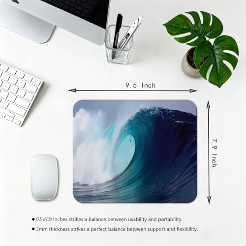 9.5x7.9 Inch Office/Gaming Mouse Pad, Powerful Curl Ocean Wave in Turquoise Blue Tropical Seascape, Cute Anti-Slip Mat for Desk Decor
