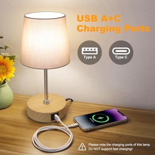 Ascher Small Bedside Table lamp Set of 2, RGB Color Changing Lamps, 3 Color Temperatures, Stepless Dimmable, Nightstand Lamp with USB C+A Ports for Bedroom Living Room, (Grey Shade, Wood Grain Base)