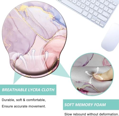 Mouse Pad with Wrist Support, Ergonomic Mouse Pad with Memory Foam Wrist Rest Cushion, Non-Slip Rubber Base Gaming Mice Pad for Home Office Computer Laptop, Pink Marble