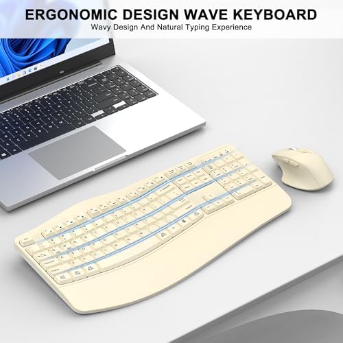 Wireless Keyboard and Mouse Combo, 2.4G Ergonomic Wave Keys (Latte)