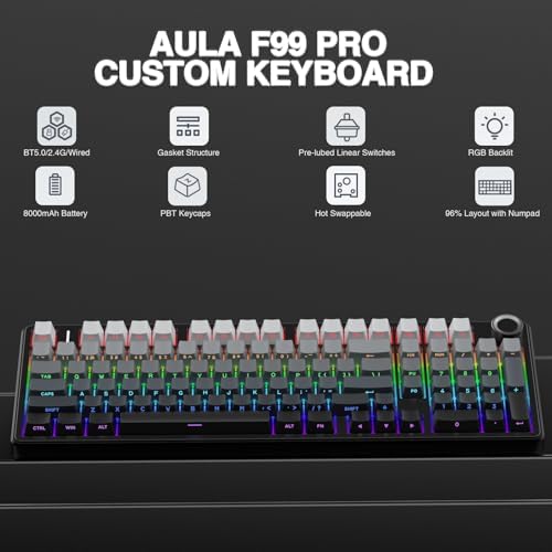 AULA F99 Pro Wireless Mechanical Keyboard with Number Pad, Knob, 99 Keys