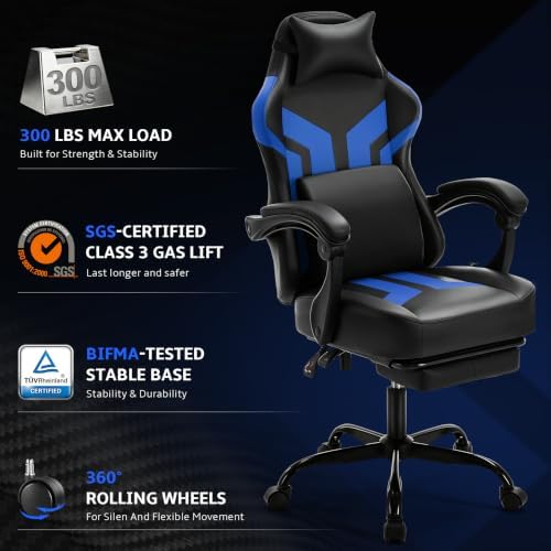 Office Computer Gaming Chair for Adults with Footrest, B-Blue