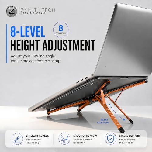 Upgraded Magnetic Laptop Stand for Desk, 4-in-1 Foldable Computer Stand, N52 Strong Magnetic Riser with Portable Holder for MacBook, iPad, Office & Travel (Orange)