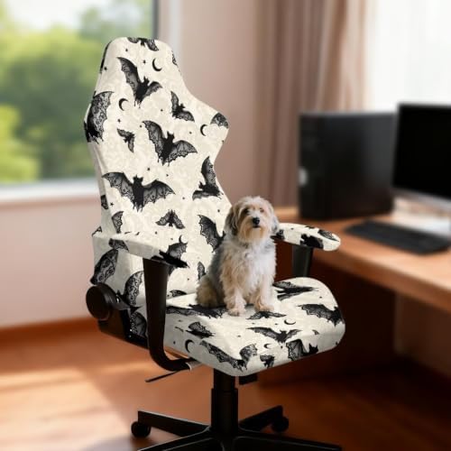 Halloween Bat Moon Gothic Gaming Chair Cover Stretchable Game Chair Slipcovers with 2 Armrest Covers, Scratch-Proof Gamer Desk Chair Covers for Computer Office Seat