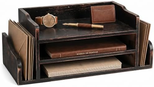Wood Desk Organizer: File Organizer with 3-Tier Shelf, Distressed Black