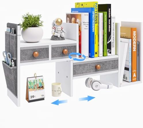 X-cosrack Adjustable Desk Shelves for Storage, Desktop Bookshelf with 3 Drawers, White Wood Desk Shelf for Top of Desk, Corner Desktop Organizer for Women Office