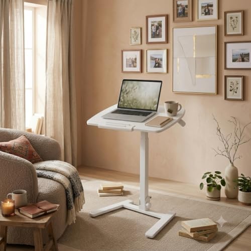 25" Folding Standing Desk with Wheels, Laptop No Assembly Pneumatic Height Adjustable Portable Rolling Desk, 29"-42" Sit Stand Desk with 0-90° Tilt Top, Computer Workstation for Home Office (White)