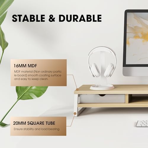 Fenge Dual Monitor Stand Riser, 42.5in Desk Shelf with 2 Drawers, Oak