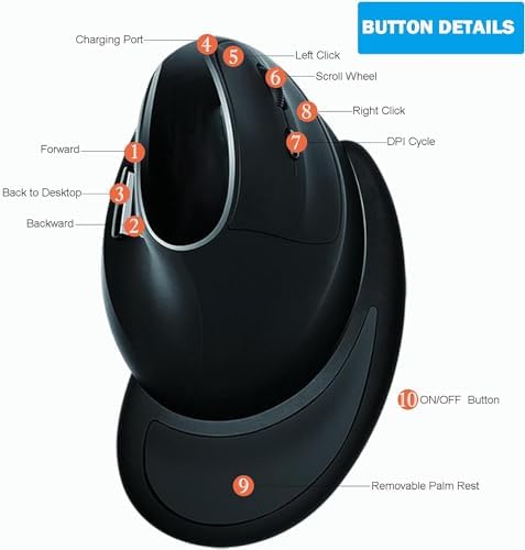 Eelexa Ergonomic Vertical Mouse: 2.4G Bluetooth Dual Mode Optical Computer Mice,Wireless Rechargeable Mouse with Removable Palm Rest,Compatible with Windows and MAC OS (V638 Dual Mode)