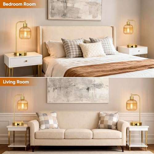 Champagne Glass Table Lamps Set of 2, Dimmable Bedside Lamps for Bedroom