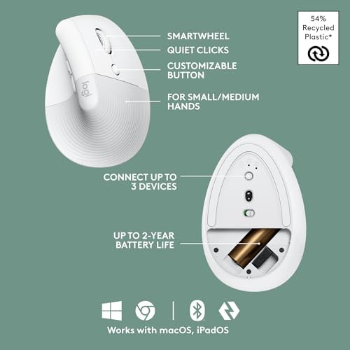 Logitech Wave Keys & Lift Vertical Mouse - Ergonomic Bundle — Wireless Keyboard with Cushioned Palm Rest & Vertical Wireless Mouse - Easy-Switch, Bluetooth, for Multi-OS, Windows/Mac - Off White