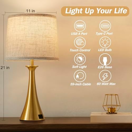 Touch Table Lamps Set of 2, 21" Bedside Lamps with USB C+A, Gold