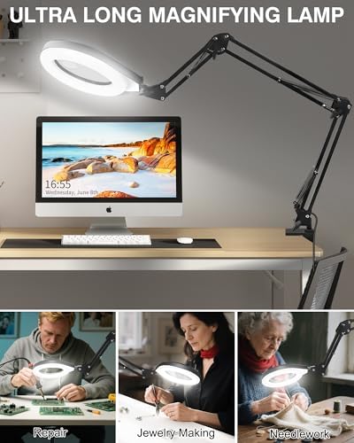 10X/5X Magnifying Lamp with LED Light, Real Glass Lens, Swing Arm, Green