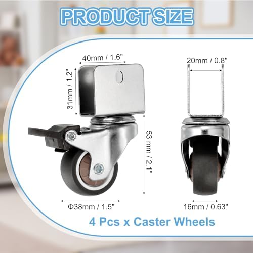 PATIKIL 1.5 Inch Caster Wheels, 4 Pcs Swivel Casters with Break 0.8" U Bracket Opening 55 Lb Capacity Per Caster for Furniture Office Chairs Carts and Cabinets, Brown