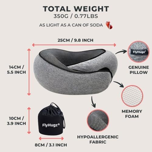 FlyHugz® Neck Travel Pillow Memory Foam Neck Pillow, Gray