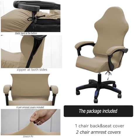 Gaming Chair Cover Set with Armrest Covers, Stretch Ruffled Slipcover for Racing Office Computer Reclining Chairs (Khaki)