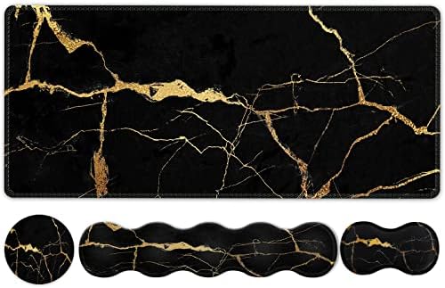 iLeadon Pad Set, Large Gaming Mouse Pad + Keyboard Wrist Rest + Mouse Pad with Wrist Support + Coaster, Easy Typing Pain Relief, 35.4x15.7in Desk Mat for Home Office, Black Gold Marble