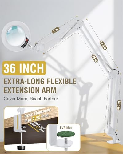 12X Magnifying Glass with Light and Clamp, Extra Long 3 Swing Arm, White