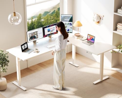 Casaottima 71 Inch L Shaped Electric Standing Desk, Home Office, White