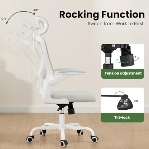 Ergonomic Office Chair, High Back Home Desk Chair with Headrest, 300 LBS Home Mesh Office Desk Chairs with Wheels, Comfortable Gaming Chairs (White)