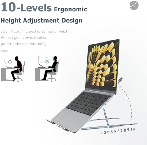 Laptop Stand for Desk Adjustable Laptop Riser Ventilated Heat Dissipation Foldable Portable Holder Compatible with MacBook Air Pro HP Dell Lenovo iPad Tablet Accessory (8-16") (Silver)
