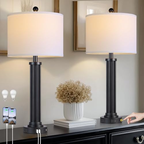 28" Tall Modern Table Lamps Set of 2 with USB C+A Ports and AC Outlet, 3 Way Touch Metal Bedside Lamps for Bedroom, Black Nightstand Lamps for Living Room
