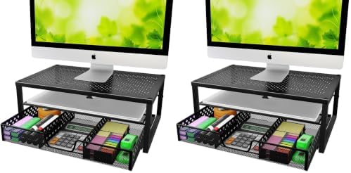 Simple Trending Metal Monitor Stand Riser and Computer Desk Organizer with Drawer for Laptop, Computer, iMac, Black (Pack of 2)