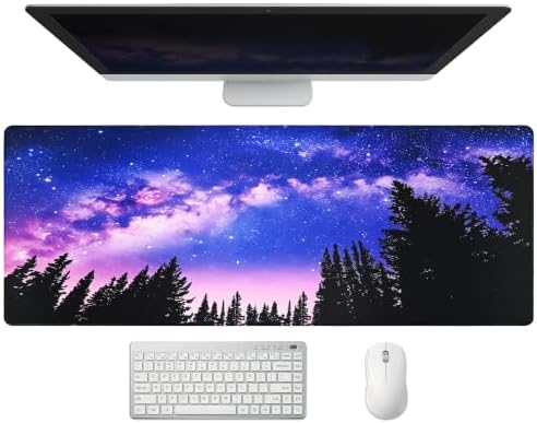 Extended Galaxy Forest Desk Mat, XL Large Gaming Mouse Pad, Purple Starry Sky Stitched Edges Waterproof with Non-Slip Rubber Base for Computer Keyboard Laptop Work Home Office 31.5"x11.8"