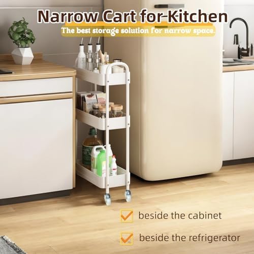 3 Tier Narrow Rolling Storage Cart for Laundry Room Bathroom Kitchen, 7.1'' Slim Utility Cart with Wheels and Lockable Casters Standing Shelf for Small Space & Between Washer and Dryer, White