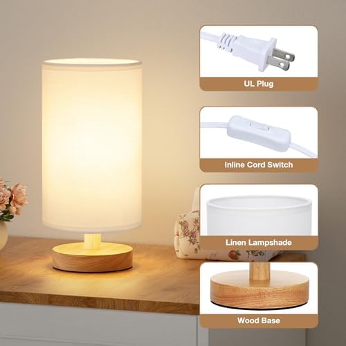 Fenmzee Small Table Lamps (White Shade - Wood Base, 9" Inline Control)