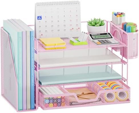 Marbrasse 4-Tier Paper Tray Organizer with Drawer and Pen Holder, Pink