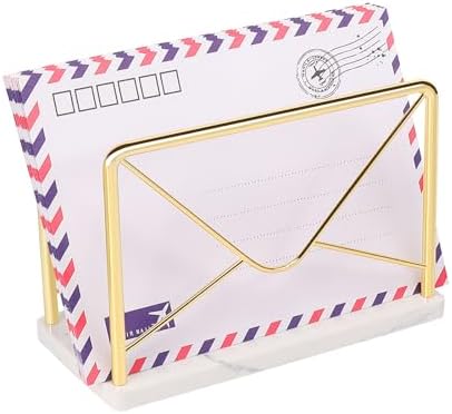 Modern Mail Holder for Home Office, Metal Letter Organizer Sorter for Desk, Cutout Mail Envelope Design, Bill Filling Paper Document Rack, Envelope Storage Rack with Marble Base (Gold)