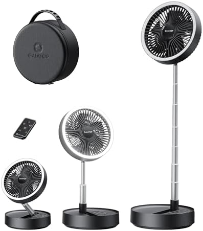 Gaiatop Portable Pedestal Fan 16000mAh Battery [Max 74h Runtime], Foldable Oscillating Standing Fan, Collapsible Desk Fans, LED Light, Case & Remote Control 4 Speeds for Outdoor Travel Camping (Black)