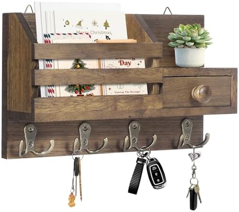 Key Holder Wall Mount, Wooden Key and Mail Organizer, Brown