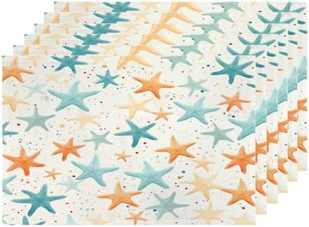 Shrahala Starfish Pattern Set of 6 12 X 18 Inch Linen Placemats, Sea Themed Illustration Burlap Table Mat Washable Double Layered Heat Insulation for Indoor/Outdoor